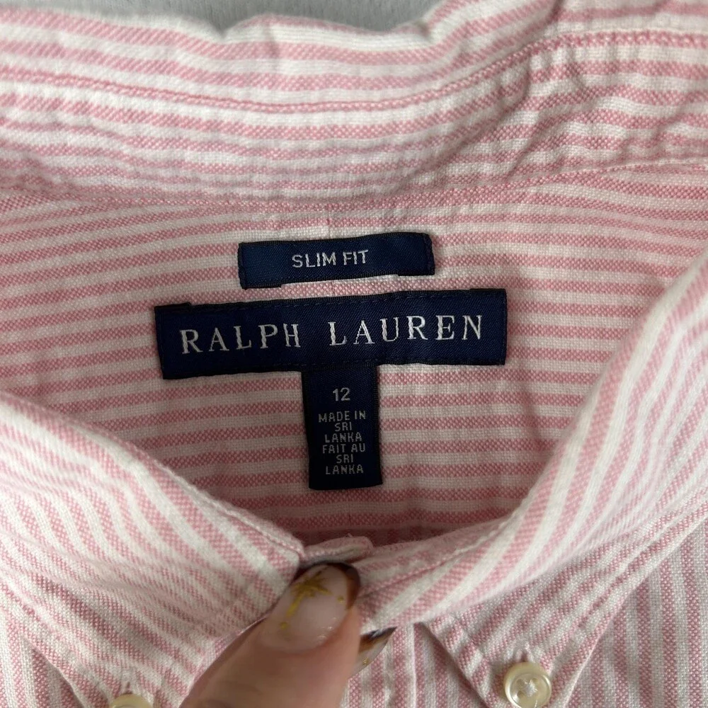 Ralph Lauren Shirt Boys 12 Pink Striped Button Down Long Sleeve Flesh Pony Logo